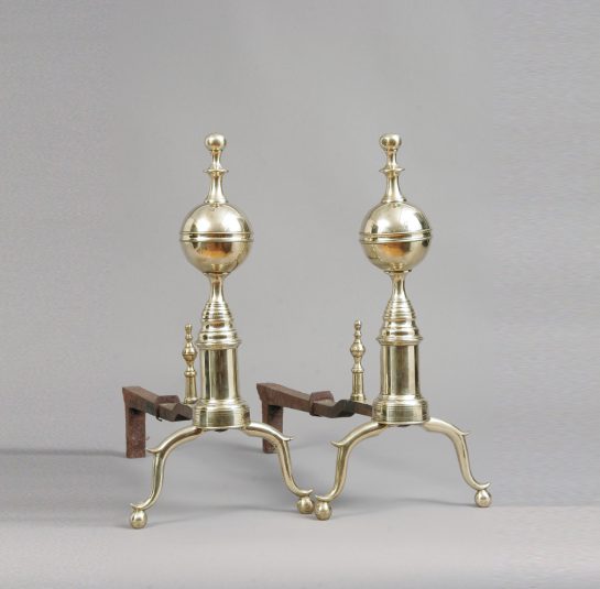 Pair of Federal Ball-Top Andirons with Matching Log Stops