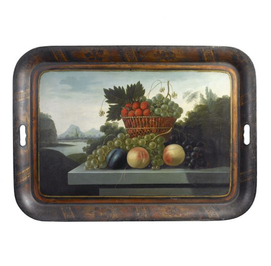 Painted Tray Depicting a Still Life of Fruit on a Console with a Landscape View