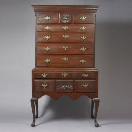 Queen Anne Carved Cherrywood Flat Top High Chest of Drawers