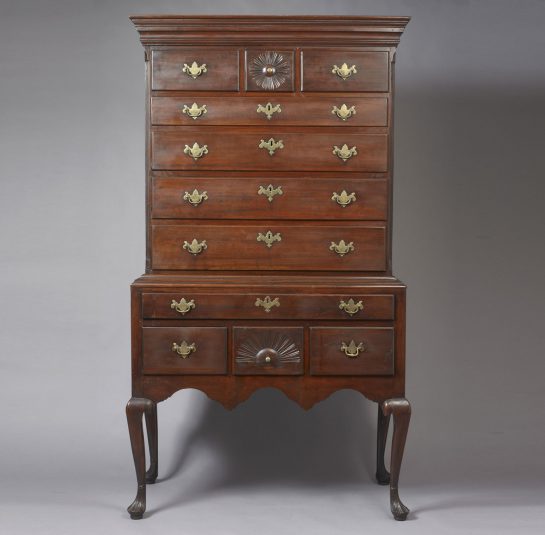 Queen Anne Carved Cherrywood Flat Top High Chest of Drawers