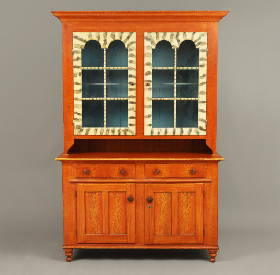 Paint-Decorated Step-Back Cupboard with Tomb-Stone Glass Panel Doors