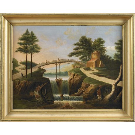 Landscape View with a Bridge and Waterfall.