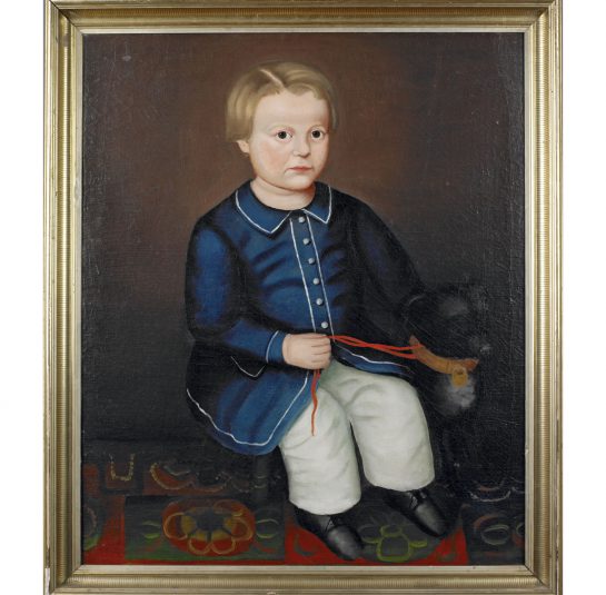 Portrait of a Young Boy Seated with His Dog on a Painted Floor