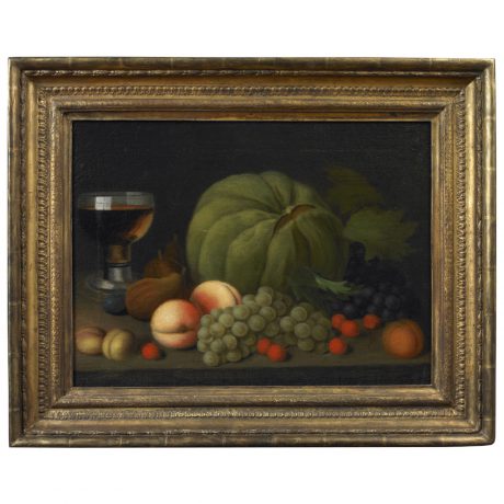 Still Life of Fruit on a Console Depicting a Glass, Pears, Grapes and a Melon