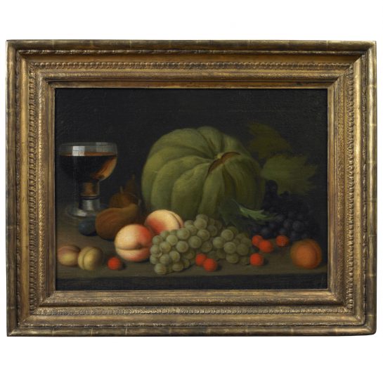 Still Life of Fruit on a Console Depicting a Glass, Pears, Grapes and a Melon