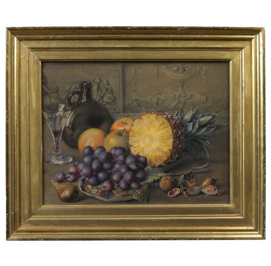 Still Life of a Pineapple, Grapes, Apples and Nuts Arranged on a Table Top