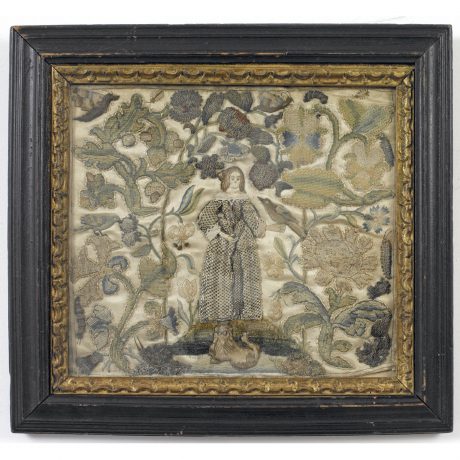 Raised Needlework Depicting a Woman Standing Amoung Creatures with Flowers and T
