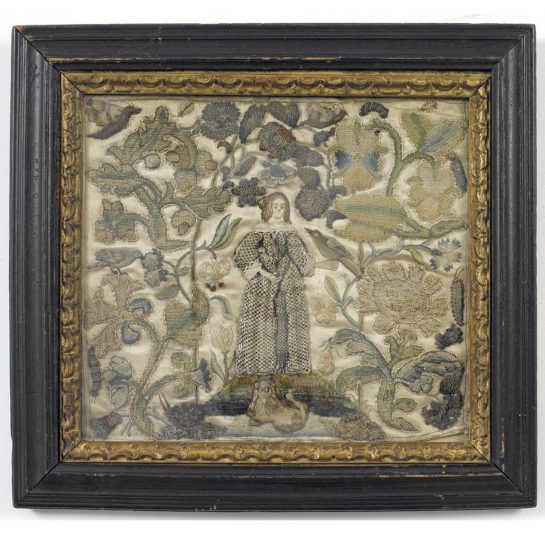 Raised Needlework Depicting a Woman Standing Among Creatures with Flowers and Tendrils