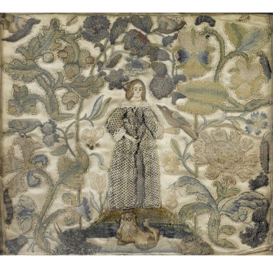 Raised Needlework Depicting a Woman Standing Amoung Creatures with Flowers and T