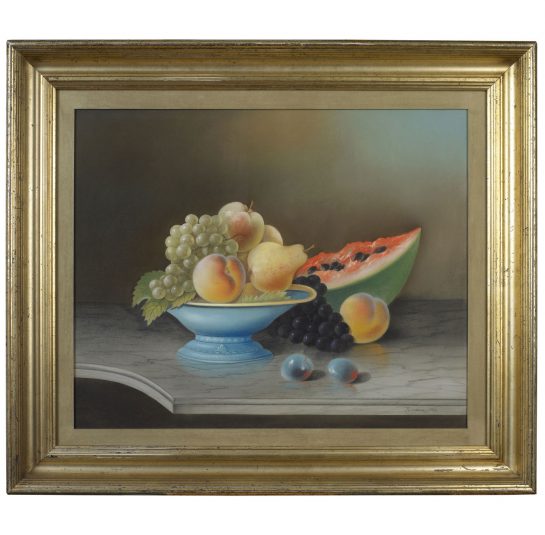 Still Life of Fruit in a Blue Bowl set on a Marble Console