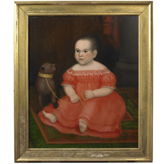 Portrait Of Child Seated on a Carpet with a Dog on a Leash