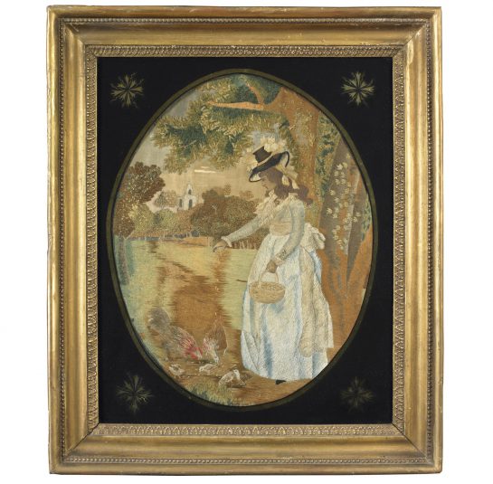 Needlework Depicting a Woman Feeding the Chickens