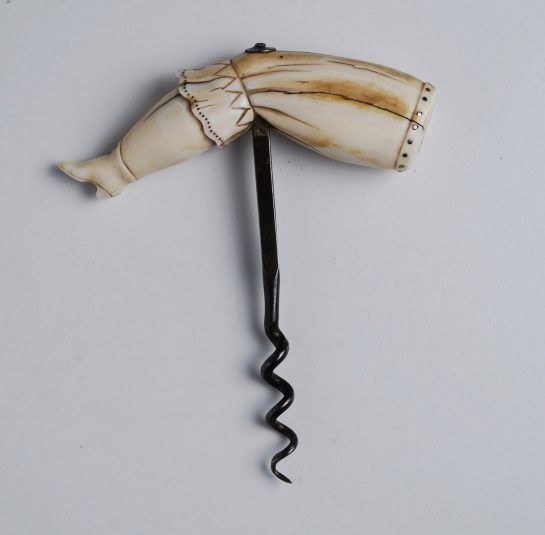 Whale Tooth corkscrew elegantly carved into a Lady’s Leg wearing a Bloomer and a Shoe