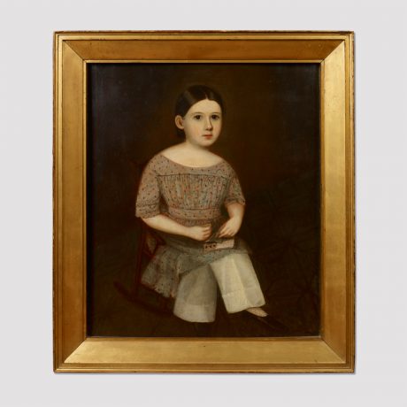 Portrait of a Young Girl Seated in a Rocker Stitching a Piece of Needlework