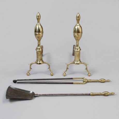 Pair of Federal Double Lemon-Top Andirons with Matching Tools