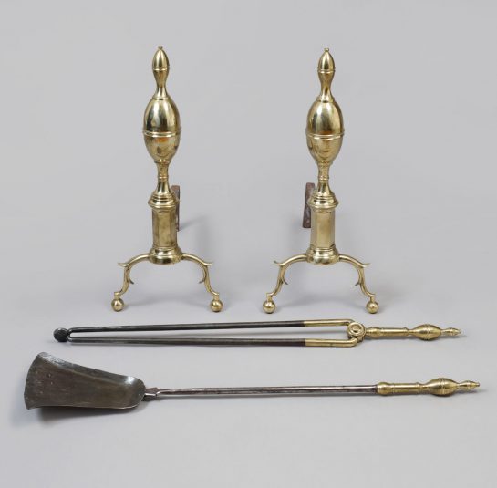 Pair of Federal Double Lemon-Top Andirons with Matching Tools