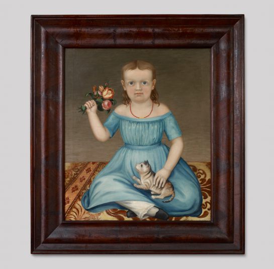 Portrait of a Young Girl Holding a Bouquet of Flowers and a Cat