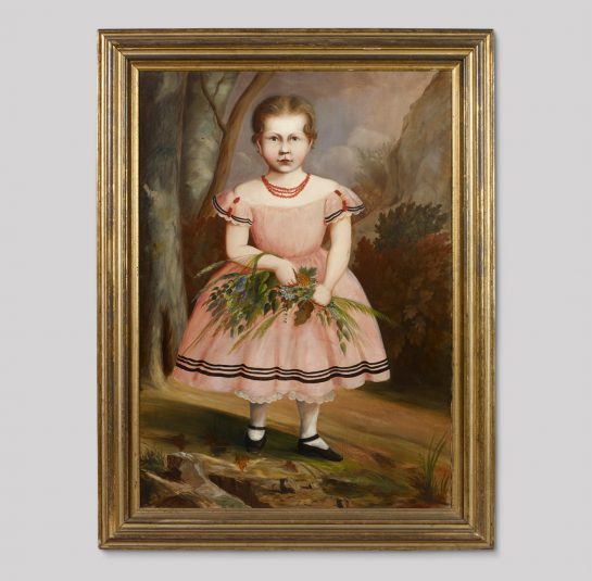 Full Length Portrait of a Young Girl Wearing a Pink Dress, Red Coral Necklace and Holding Flowers in a Landscape View