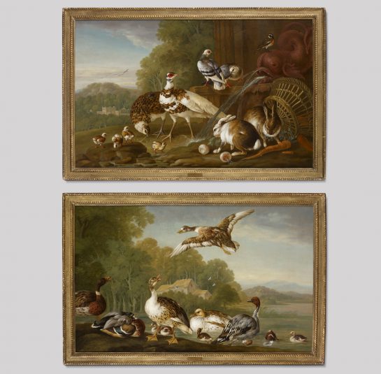 A Pair of Paintings: Rabbit and Pheasants with Their Young Ducks and Ducklings on the Edge of a Lake