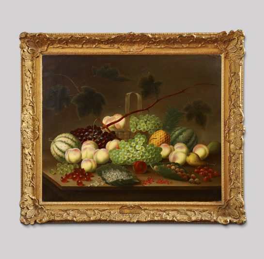 Still Life of Fruit, Berries, Melons and a Basket arranged on a Tabletop