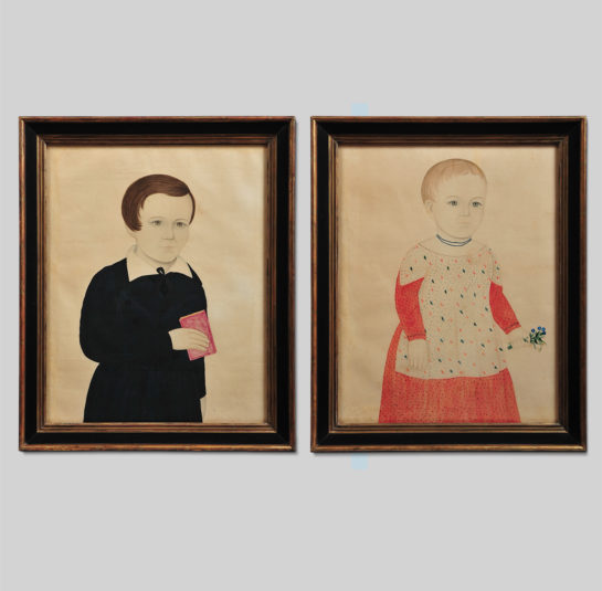 Rare Pair of Portraits of a Boy Holding a Red Book and a Girl Holding a Bouquet of Flowers