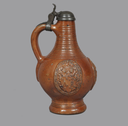 Saltglaze Stoneware Jug, Pewter Mounted Wappenkrug, Three Medallions Raeran, Germany