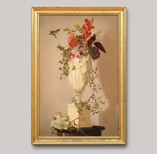 Still Life of Flowers in a Marble Vase with a Butterfly