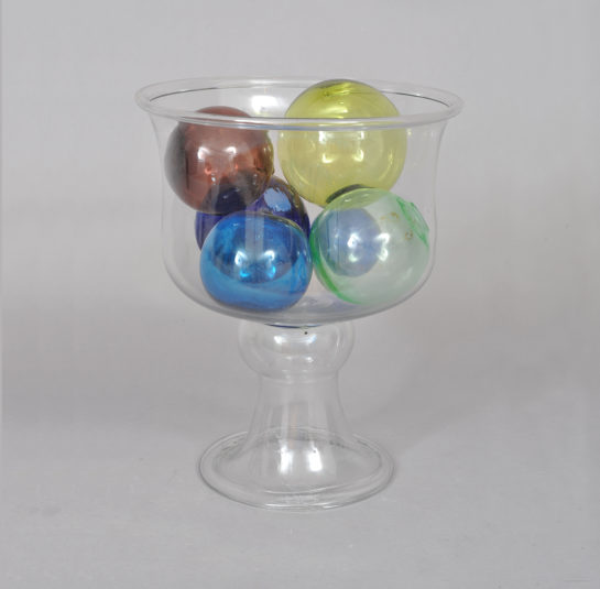 Blown Fish Bowl with a Group of Six Blown Witch Balls and Packing Balls in Various Colors