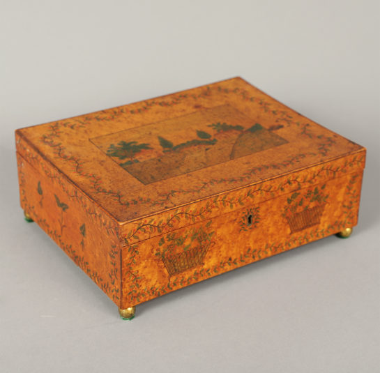 Rare and Important School Girl Paint Decorated Sewing Box