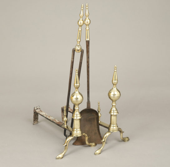 Pair of Federal Steeple-Top Andirons with Matching Tools