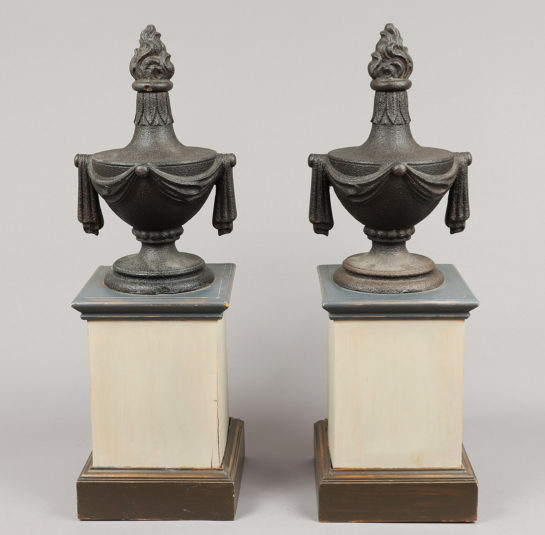 Pair of Cast Iron Urn Finials with Flame Tops and Swags