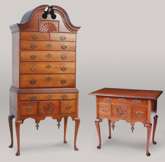 Matching Queen Anne Bonnet-Top High Chest and Dressing Table