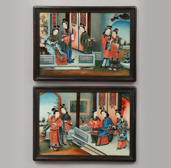 Pair of Chinese Courtyard Scenes with Figures