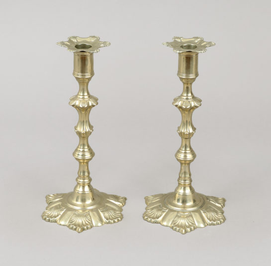 Pair of Queen Anne Six-Lobbed Shell-Base Candlesticks