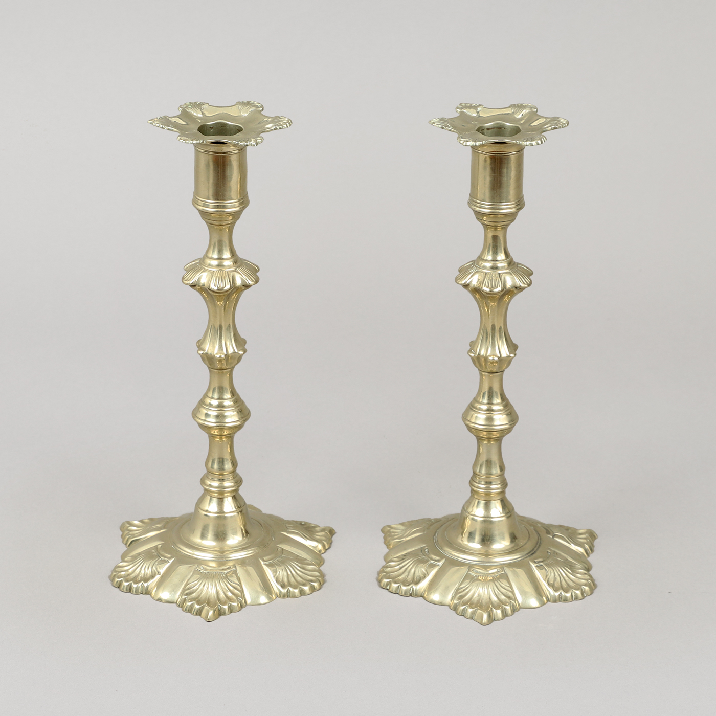 Lot - Pair of Baroque Nautilus Shell Brass Candle Holders