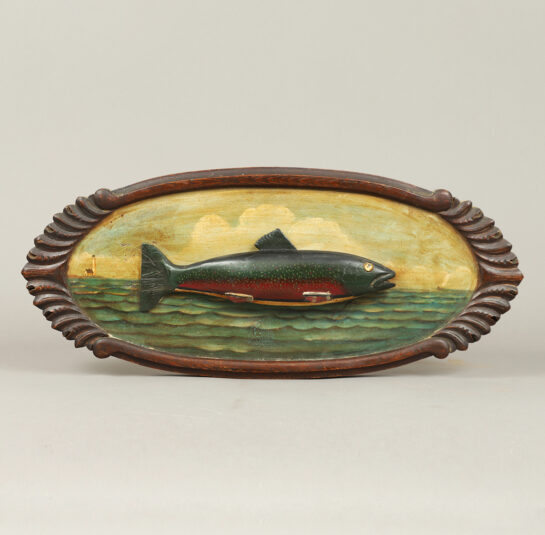 Carved Fish Plaque on Oval Painted Backboard