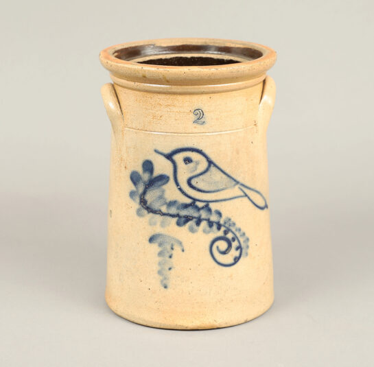 Stoneware Two Gallon Crock Depicting a Bird on a Scrolled Branch