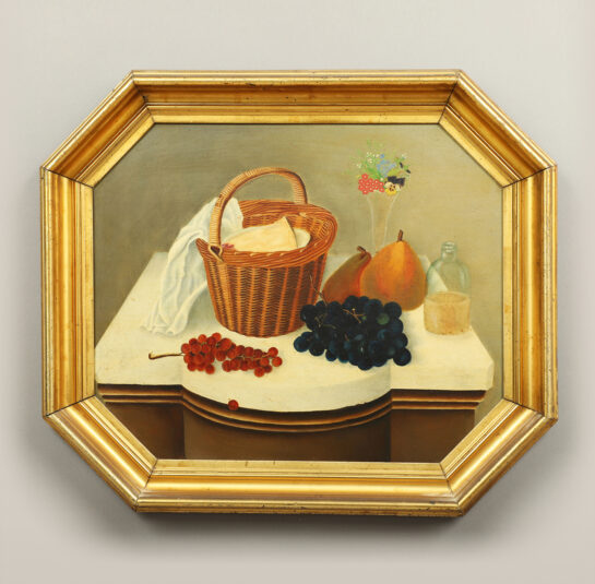 Still Life of Basket with Grapes, Pears with fluted Glass on Marble Console