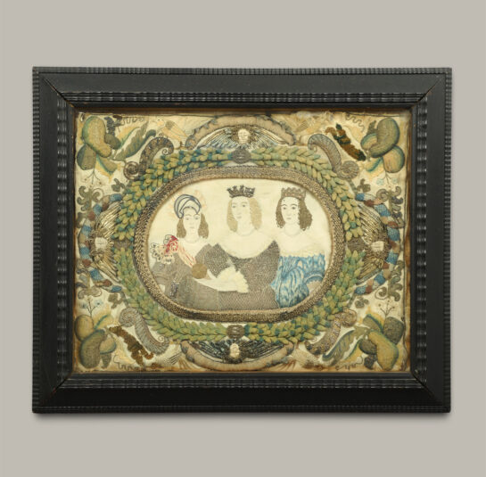 Queen Anne Embroidered Stumpwork Picture of Three Noblewoman