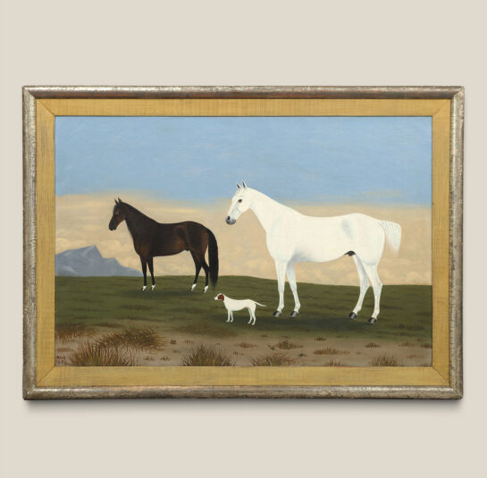 Folk Art Portrait of Horses and a Dog